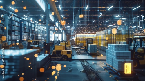 A bustling warehouse with automated forklifts and conveyors moving products with precision and efficiency all controlled by a centralized 5G system. photo