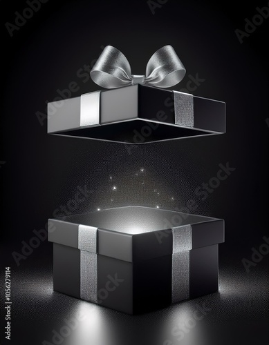black gift box with silver ribbon on black background