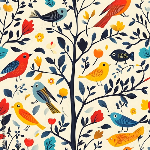 A colorful seamless pattern featuring a tree with birds and flowers on a light background.