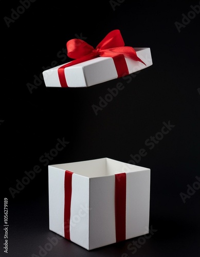 white gift box with red ribbon on black background