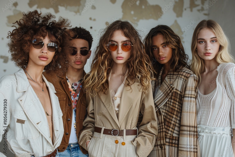 A group of five diverse models poses confidently in trendy attire, highlighting contemporary fashion in a stylish urban studio A group of five diverse models poses confidently in trendy attire, highlighting contemporary fashion in a stylish urban studio