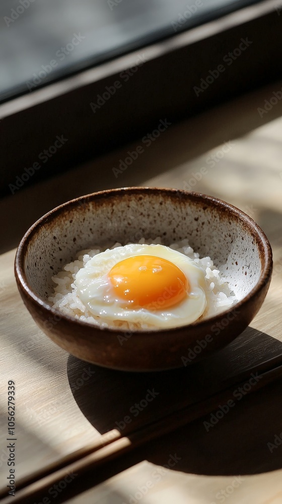 Nama Tamago served in a minimalist bowl, with studio lighting casting soft shadows to enhance the richness of the raw egg and rice combination Nama Tamago served in a minimalist bowl, with studio lighting casting soft shadows to enhance the richness of the raw egg and rice combination