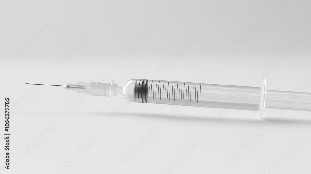 Sterile Medical Syringe on White Background - Close-up of Needle Tip and Barrel Details Emphasizing Safety and Hygiene