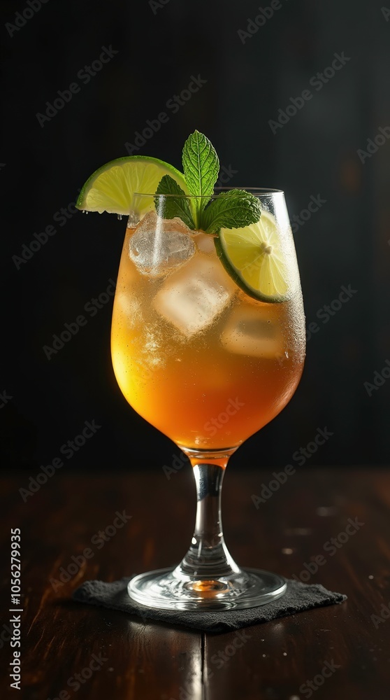 A Refreshing Cocktail of Rum With Lime and Fresh Mint Served on a Stylish Black Wooden Table. Generative AI A Refreshing Cocktail of Rum With Lime and Fresh Mint Served on a Stylish Black Wooden Table. Generative AI