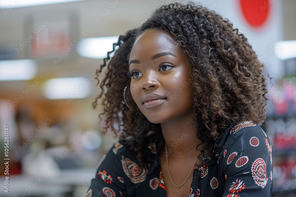 In a vibrant cafe, a young woman with curly hair gazes thoughtfully into the distance, immersed in her surroundings. The atmosphere is casual, bustling with activity and light In a vibrant cafe, a young woman with curly hair gazes thoughtfully into the distance, immersed in her surroundings. The atmosphere is casual, bustling with activity and light