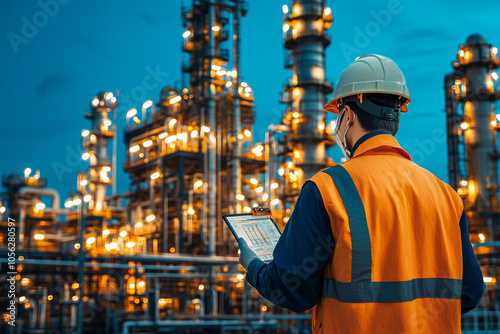 worker in orange safety vest and helmet inspects high tech fuel refinery plant at dusk, surrounded by illuminated pipes and structures photo