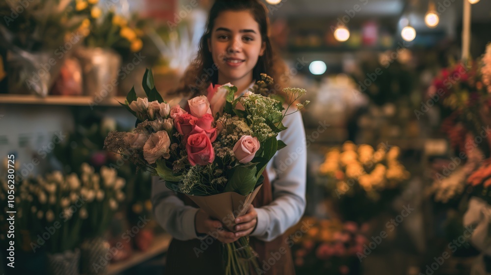 Female flower seller holding a beautiful bouquet in a florist shop surrounded by colorful flowers Female flower seller holding a beautiful bouquet in a florist shop surrounded by colorful flowers