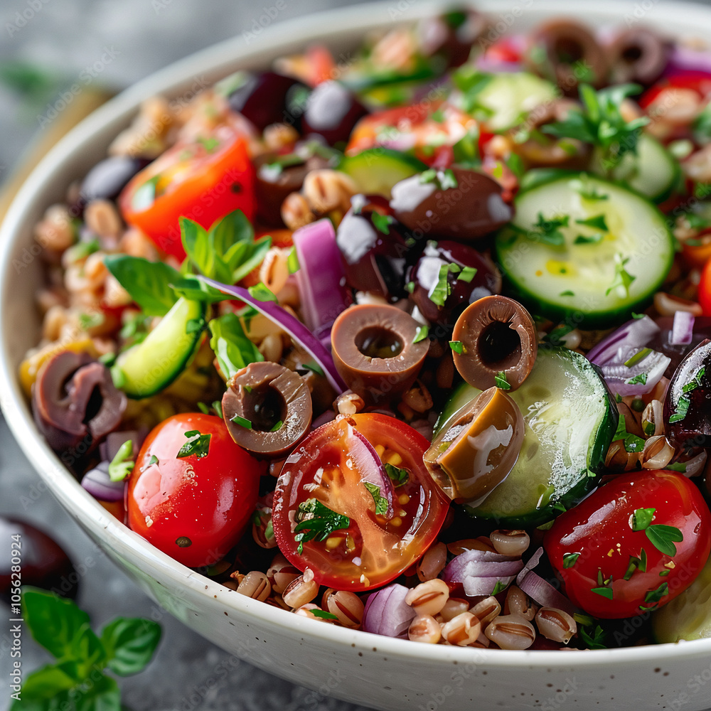 A fresh barley salad with cucumbers, tomatoes, red onion, olives, and herbs in a white bowl A fresh barley salad with cucumbers, tomatoes, red onion, olives, and herbs in a white bowl