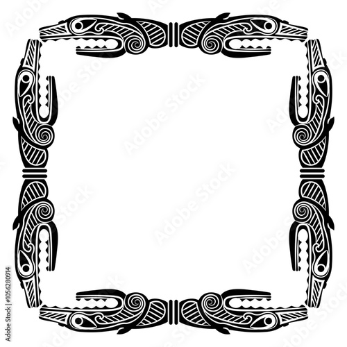 Square rectangular animal frame or border with heads of fantastic dragon. Ethnic Norse Viking design from ancient Norway. Black and white silhouette.