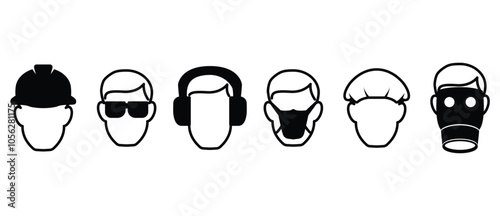 Collection of protective equipment icons, safety symbols, Work Safety Icons in the form of protective helmets, glasses, hearing protectors, masks, head coverings and respirators, Work safety signs on 