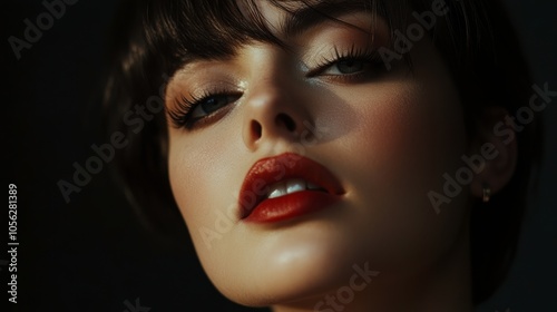 Close-up of a Beautiful Woman With Retro Makeup and Dark Hair Against a Black Background. Generative AI