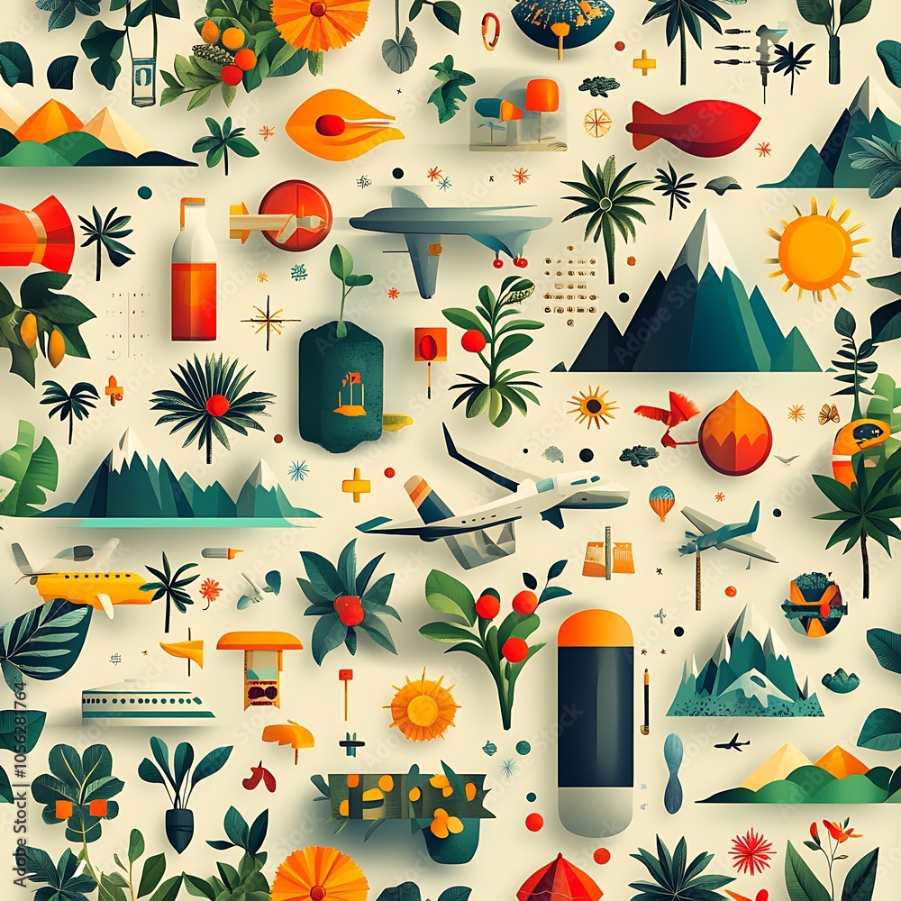 A seamless pattern with various illustrations on a beige background, including mountains, plants, airplanes, and a sun.