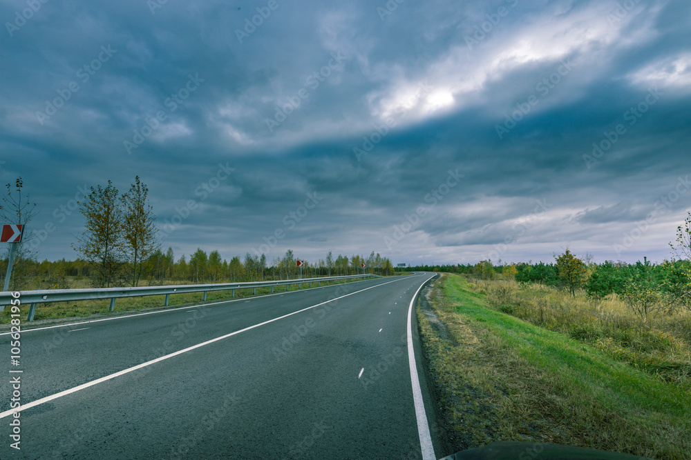Fototapeta premium A road with a few trees in the background and a cloudy sky