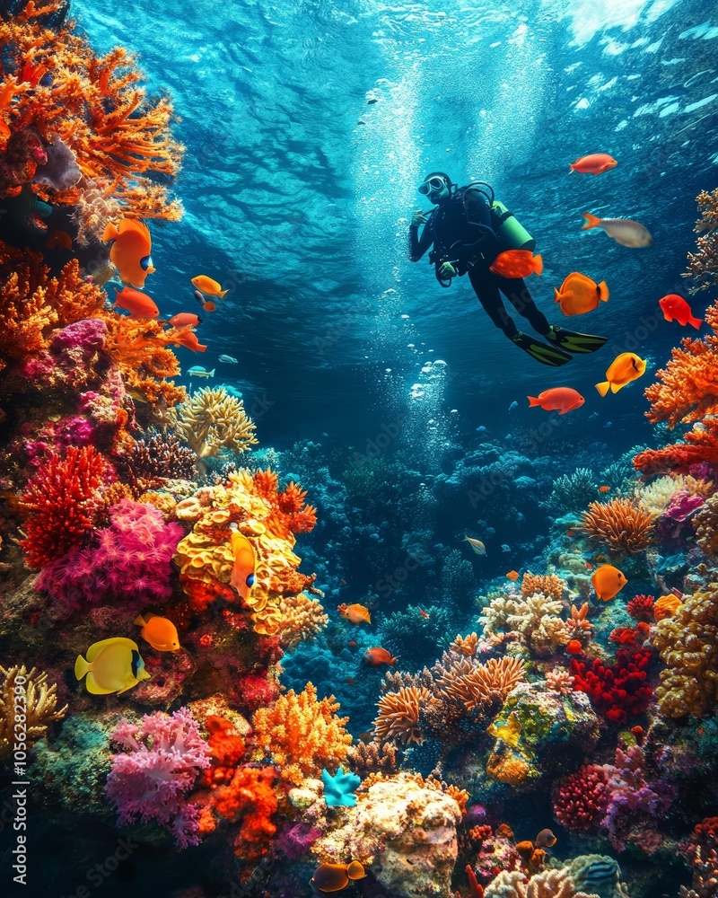 Tropical Reef Scene with Diver and Fish Tropical Reef Scene with Diver and Fish
