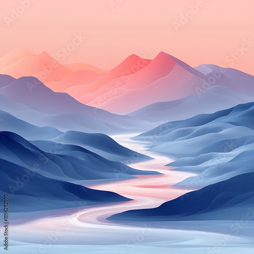 A stylized landscape with a river flowing through a valley between blue and pink mountains at sunset.