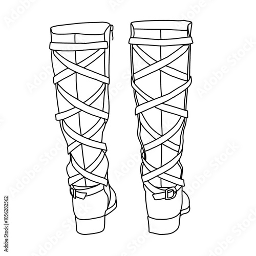 Women's Strappy Motorcycle Knee High Boots Winter Lace Up Riding Flat Low Heel Shoes Boots Line art, Technical sketch hand drawing outline vector doodle illustration rear view isolated on white