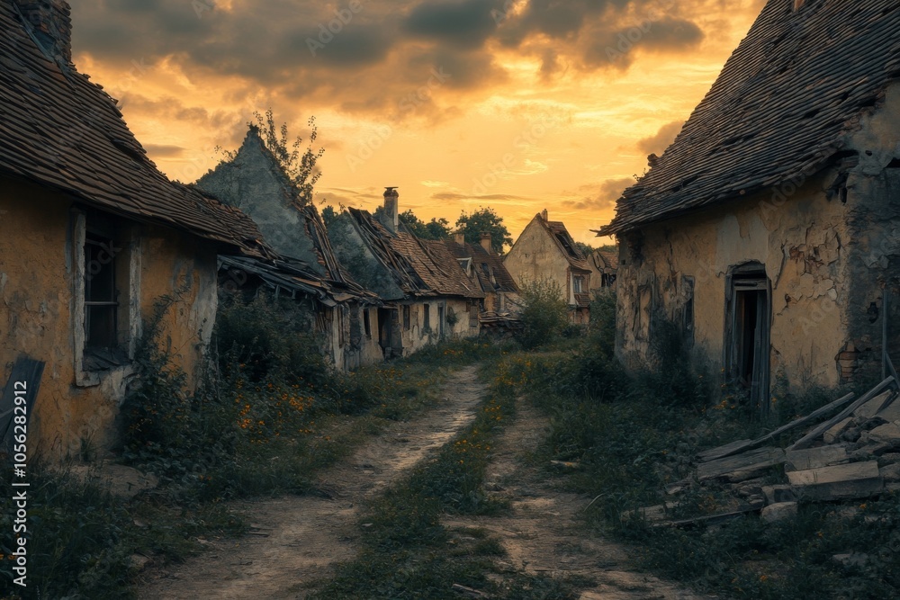 Whispers of the Past: An Eerie Abandoned Village Bathed in Dusk's Orange Glow