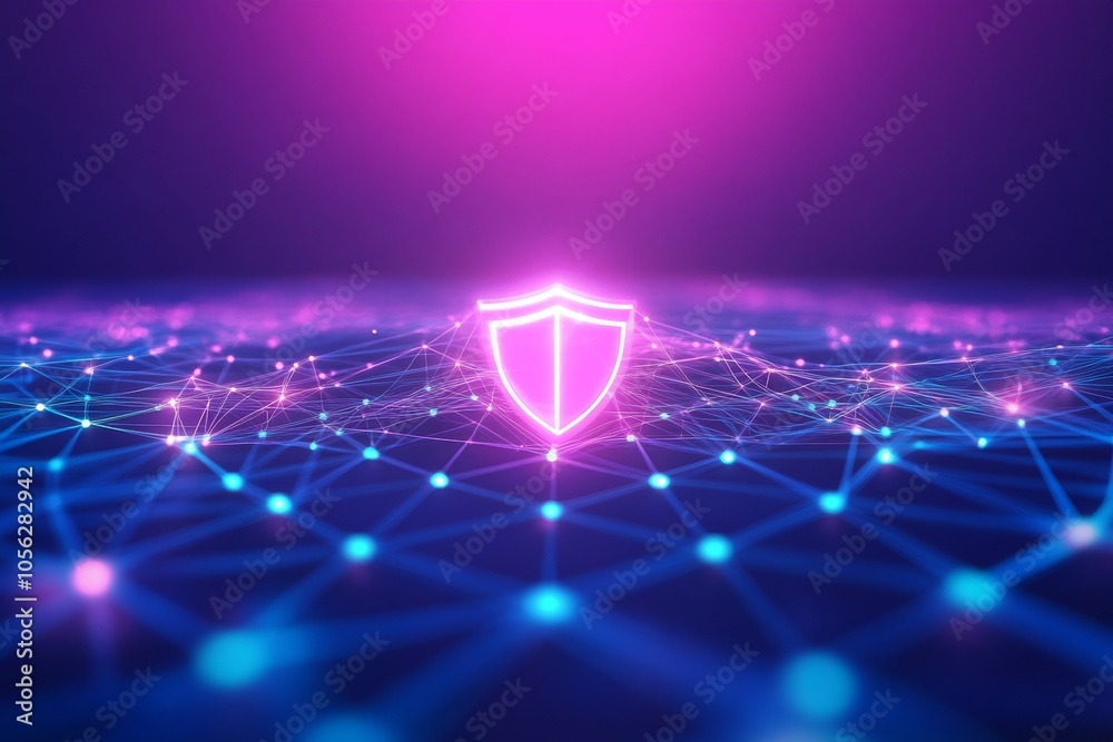 Obraz premium Dynamic Cyber Shield Symbolizing Strength and Security in Deep Purple and Blue Hues