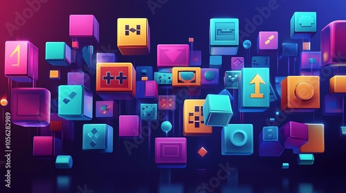 A vibrant abstract background with colorful 3D cubes and geometric shapes floating in a dark, neon-lit space.