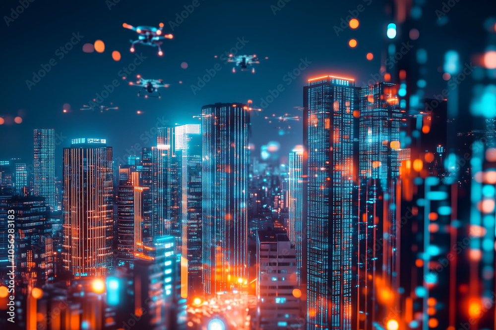 High-tech smart city at night, illuminated skyscrapers with holographic digital displays, AI-controlled drones flying in the sky, vibrant and futuristic High-tech smart city at night, illuminated skyscrapers with holographic digital displays, AI-controlled drones flying in the sky, vibrant and futuristic