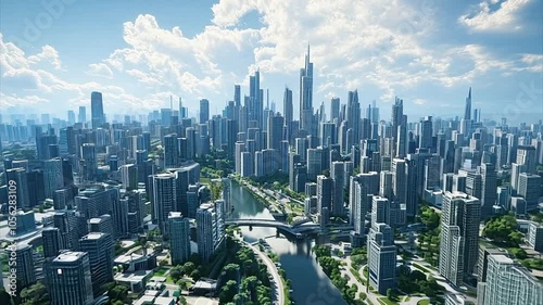 Drone shot aerial pushing over generic crowded futuristic city resembling Tokyo on a partially cloud day.