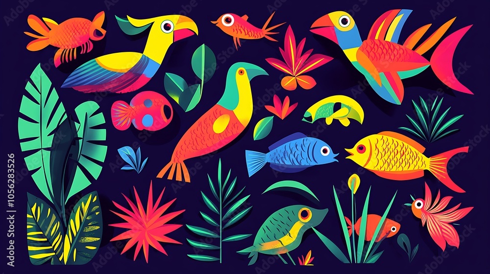 A vibrant collection of tropical birds, fish, and plants, designed in a flat, colorful style. A vibrant collection of tropical birds, fish, and plants, designed in a flat, colorful style.