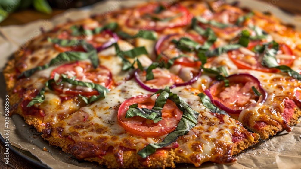 Pizza with a gluten-free crust, topped with fresh, healthy ingredients Pizza with a gluten-free crust, topped with fresh, healthy ingredients