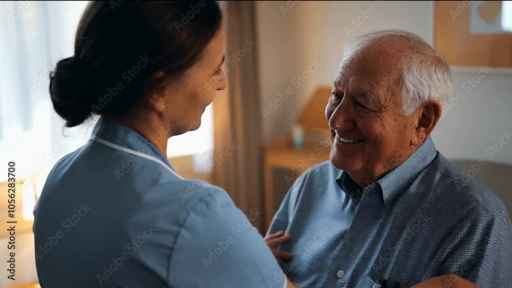 Elderly man interacts with compassionate nurse in a cozy healthcare setting during a warm afternoon visit Elderly man interacts with compassionate nurse in a cozy healthcare setting during a warm afternoon visit