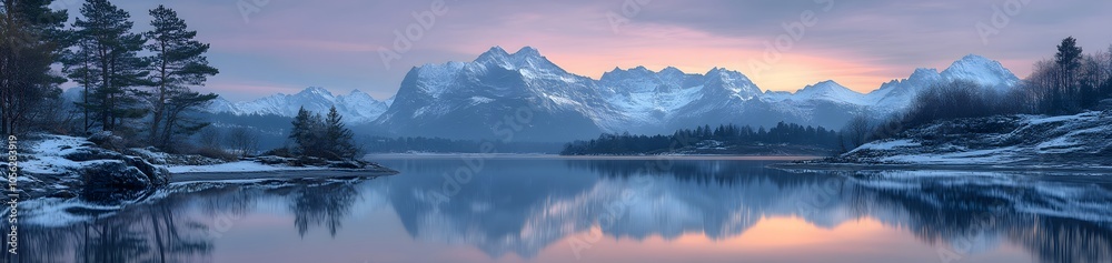 Serene mountain landscape reflecting in calm waters at dawn. Serene mountain landscape reflecting in calm waters at dawn.