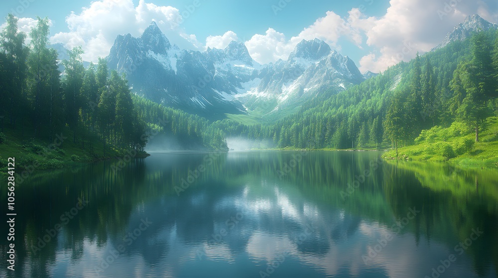 Serene mountain landscape with a reflective lake and lush greenery under a bright sky. Serene mountain landscape with a reflective lake and lush greenery under a bright sky.
