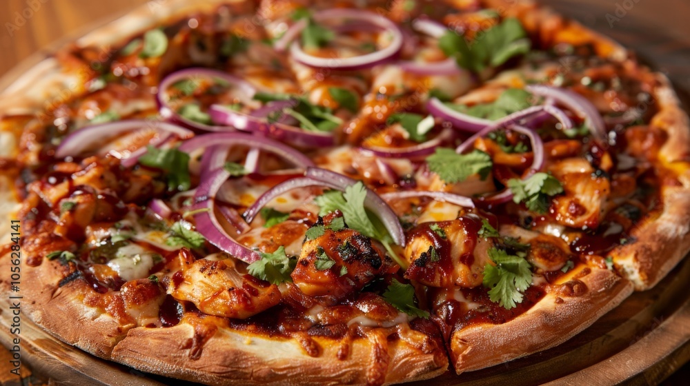 Pizza topped with barbecue chicken, red onions, and cilantro Pizza topped with barbecue chicken, red onions, and cilantro