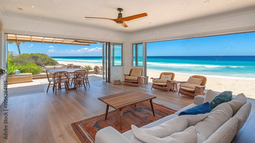 Fototapeta premium Living room with stunning ocean views, wood floors, and large windows.