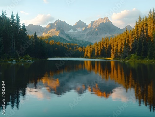 Serene mountain landscape with a reflective lake surrounded by lush forests.