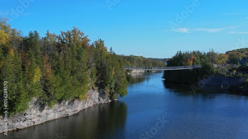 Ranney Gorge Suspension Bridge in Campbellford, part of the Great Trail. Longest recreational trail in the world. Trent River below and Ranney Falls to the north. Ferris Provincial Park Entrance. photo