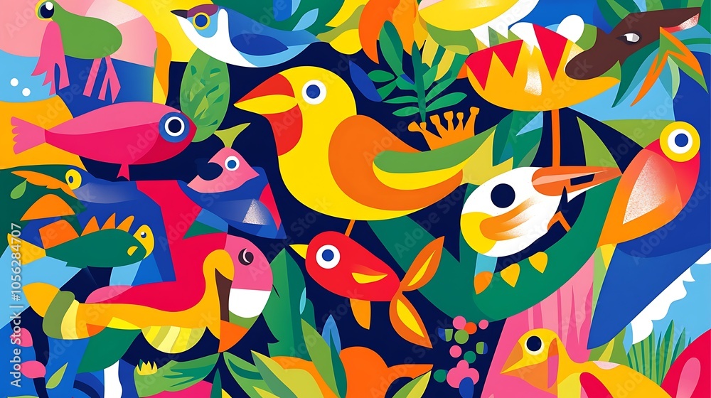A vibrant, colorful pattern featuring stylized birds, fish, and leaves on a dark blue background. A vibrant, colorful pattern featuring stylized birds, fish, and leaves on a dark blue background.