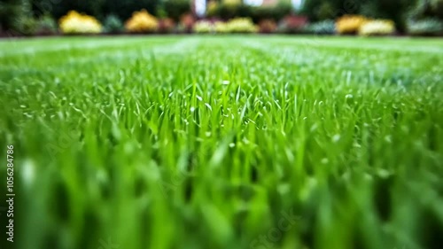 A close-up view of a freshly cut lawn, showing the vibrant green blades of grass