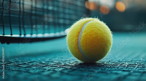 Close-up tennis ball on court near net, calm sports moment, outdoor setting, green and blue court, tennis game, detail, recreation, competition