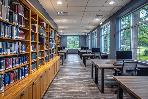 A modern study space features extensive library shelves filled with books. Several desks are available for students, all in a well-lit room with large windows showcasing greenery outside