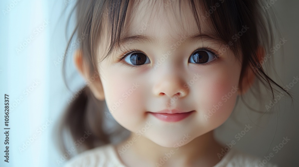 Portrait of young girl with sweet smile, bright eyes, innocent expression, natural beauty, soft background, childlike charm, simple clothing, joyful mood