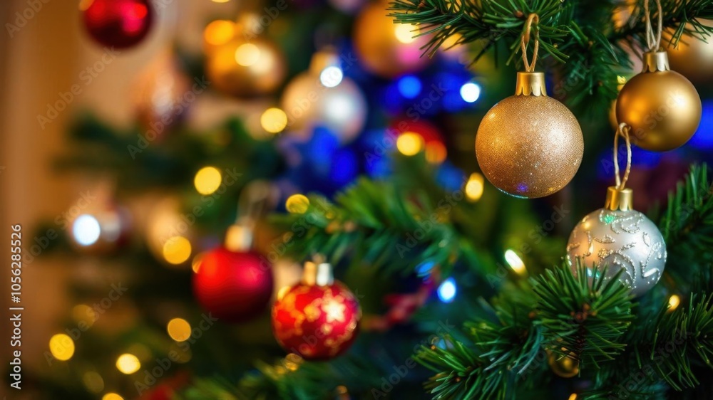 Decorative Christmas tree with golden blurred lights in the background, gold, sparkle Decorative Christmas tree with golden blurred lights in the background, gold, sparkle