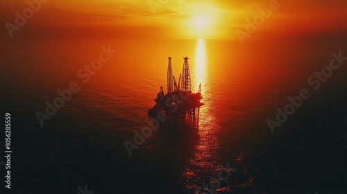 An aerial photograph of an oil and gas industry silhouette offshore jack-up drilling rig at sunset
 photo