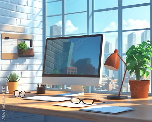 Vivid 3D image of a side view office scene with a modern computer on a light wooden table, showcasing glasses, papers, and a stylish lamp near a city view window