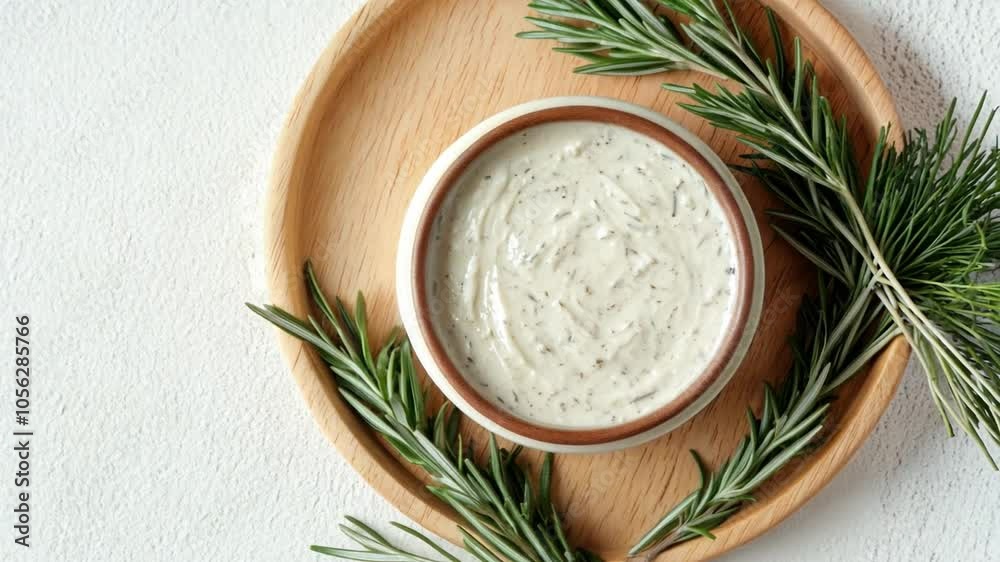 Creamy herb sauce served in a bowl on a wooden platter with fresh rosemary garnishing the dish Creamy herb sauce served in a bowl on a wooden platter with fresh rosemary garnishing the dish