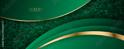 3D green luxury abstract background overlap layer on dark space with golden waves effect decoration. Modern graphic design element cutout style concept for web banner, flyer, card, or brochure cover