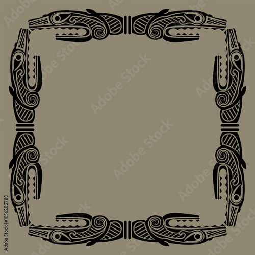 Square rectangular animal frame or border with heads of fantastic dragon. Ethnic Norse Viking design from ancient Norway. Monochrome silhouette. 