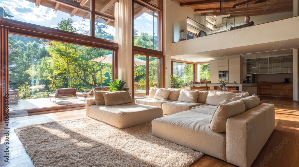 Obraz premium Neutral space with beige couches, wooden floors, and glass windows