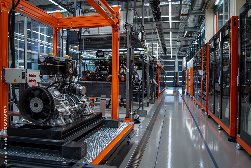 An advanced assembly line in a bright automotive manufacturing facility showcases several engines being built. The workspace is organized and well-lit, featuring modern machinery An advanced assembly line in a bright automotive manufacturing facility showcases several engines being built. The workspace is organized and well-lit, featuring modern machinery