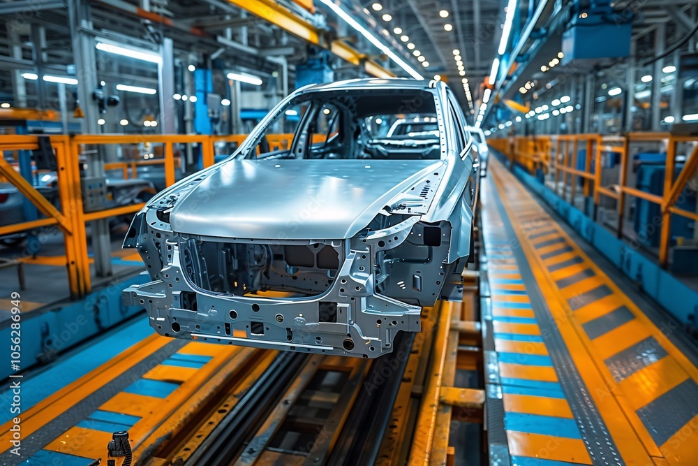 A bare metal car frame is being transported along the assembly line in a modern manufacturing facility. The bright lights and organized layout highlight the advanced technology used in production A bare metal car frame is being transported along the assembly line in a modern manufacturing facility. The bright lights and organized layout highlight the advanced technology used in production