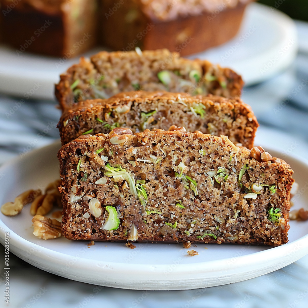 A close-up of a slice of zucchini bread with pecans, on a white plate with marble countertop A close-up of a slice of zucchini bread with pecans, on a white plate with marble countertop