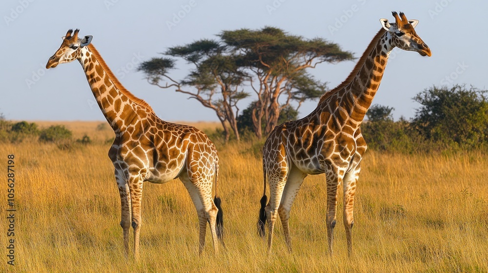 Majestic Giraffes Standing in African Savannah with Acacia Trees and Golden Grass Under Clear Blue Sky Majestic Giraffes Standing in African Savannah with Acacia Trees and Golden Grass Under Clear Blue Sky